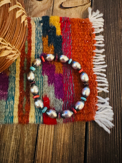 Handcrafed Turquoise, Spiny & Sterling Silver Pearl Beaded Stretch Bracelet