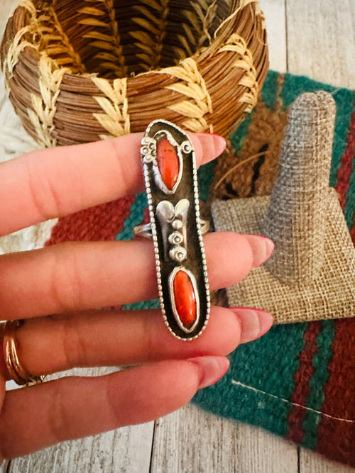 Old Pawn Navajo Sterling Silver & Coral Ring Size 6