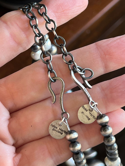 Navajo Sterling Silver and Freshwater Pearl Handmade Beaded Necklace by Rose Martin, 16 Inches