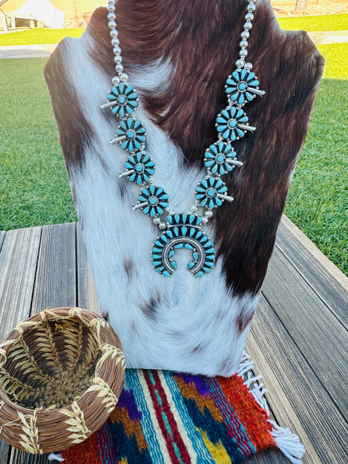 Old Pawn Handcrafted Turquoise & Sterling Silver Squash Blossom Necklace