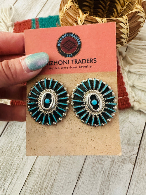 Old Pawn Needlepoint Sterling Silver & Turquoise Cluster Post Earrings