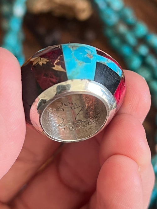 Daniel Coriz Triple Strand Turquoise and Sterling Beaded Necklace w/ Removable Sterling Silver & Stone Inlay Bead