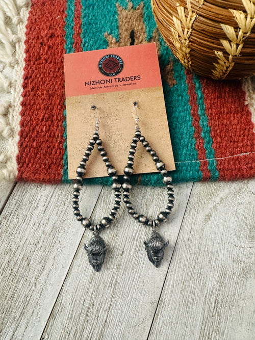 Handcrafted Sterling Silver Pearl Beaded Bison Head Hoop Earrings