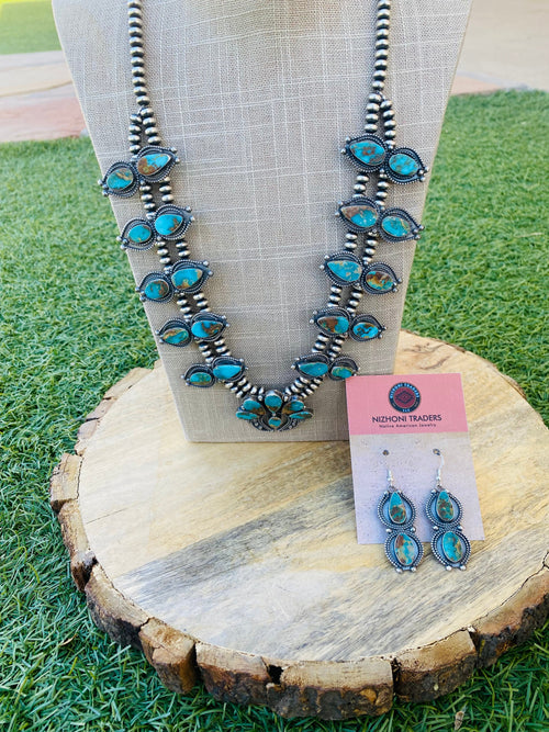 Handcrafted Sterling Silver & Royston Turquoise Beaded Squash Style Necklace Set by Jaqueline Silver