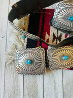 Vintage Black Leather And Sterling Silver Turquoise Concho Belt by Tim Guerro