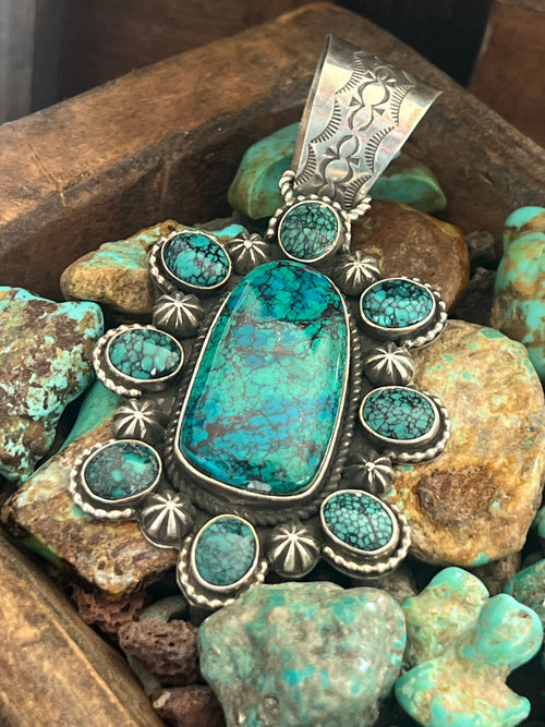 Apache Made Sterling Silver, Hubei Turquoise & Chrysocolla Cluster Pendant by Rosella Paxson