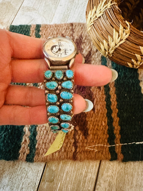 Old Pawn Vintage Navajo Turquoise & Sterling Silver Watch-