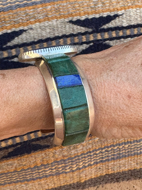 Old Pawn Lapis and Malachite Inlay Cuff by artists Michael and Causandra Dukepoo /