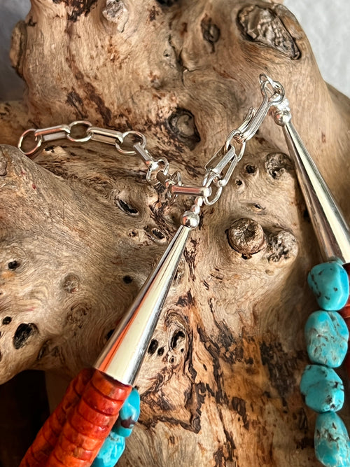 Daniel Coriz Triple Strand Apple Coral and Turquoise Beaded Necklace w/ Sterling Silver Removable Inlay Bead