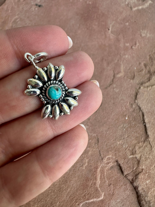 Handmade Sterling Silver & Turquoise Silver Flower Charm