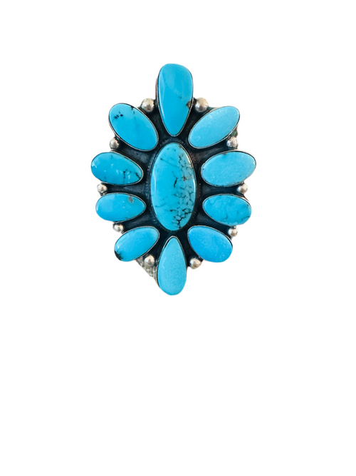 Old Pawn Navajo Sterling Silver & Turquoise Cluster Ring Size 9 by Andy Cadman