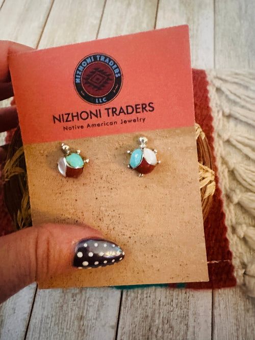 Handcrafted Old Pawn Sterling Silver & Multi Stone Turtle Stud Earrings