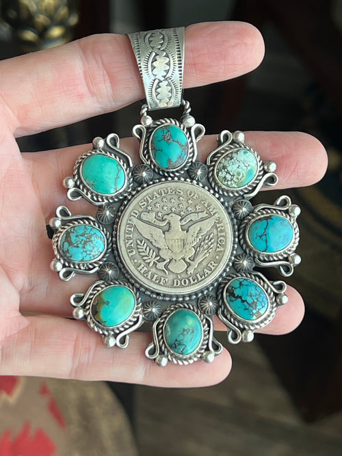Rosella Paxson Hubei Turquoise and Barber Half Dollar Cluster Pendant