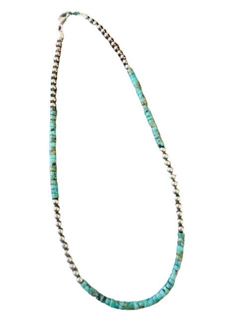 Navajo Turquoise & Sterling Silver Pearl 16” Beaded Necklace