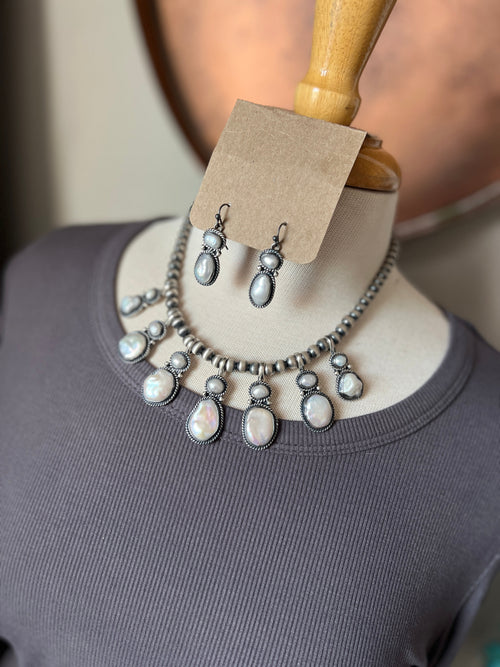 Handcrafted Sterling Silver and Freshwater Pearl Beaded Necklace & Earrings Set by Loretta Delgarito