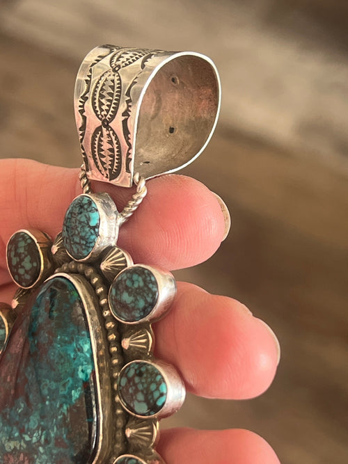 Apache Made Sterling Silver, Hubei Turquoise & Chrysocolla Azurite Cluster Pendant by Rosella Paxson