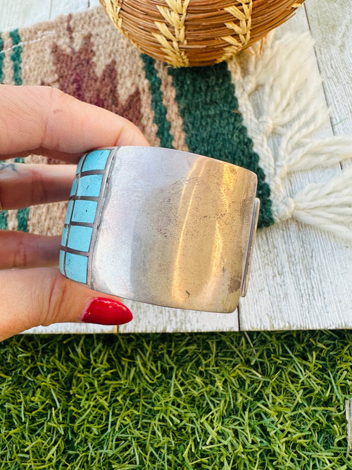 Handcrafted Old Pawn Sterling Silver & Turquoise Inlay Cuff Bracelet