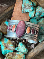 Old Pawn Handcrafted Sterling Silver and Spiny Oyster Cuff Bracelet, Signed AD