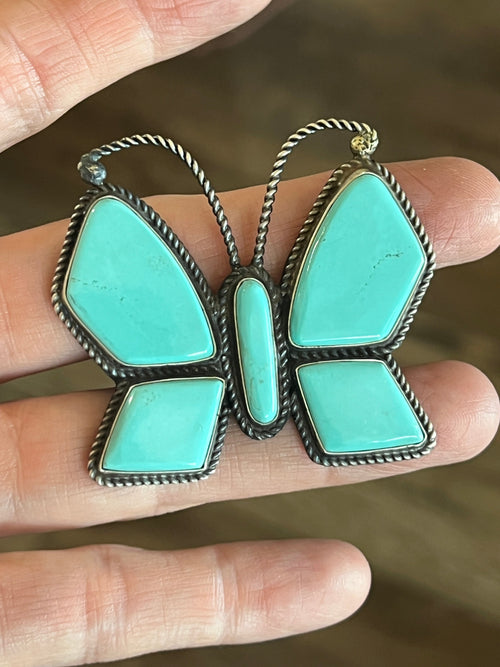 Old Pawn Navajo Sterling Silver and Turquoise Butterfly Ring by Anthony Skeets, Size 9