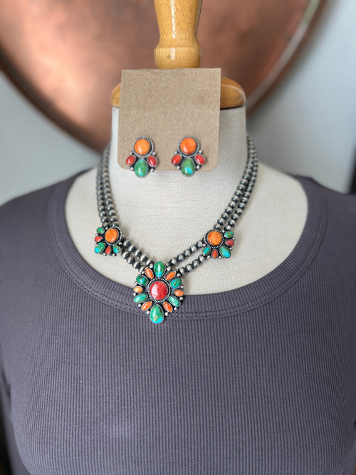 Navajo Made Sterling Silver Electric Rainbow Beaded Cluster Necklace & Earrings Set by Angela Martin