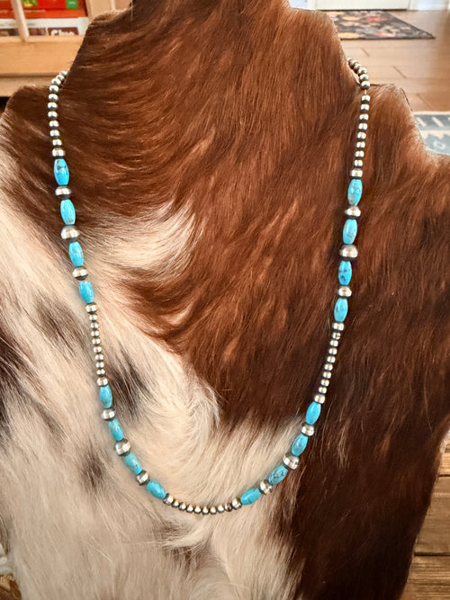 Handcrafted Turquoise & Sterling Silver Pearl Beaded Necklace