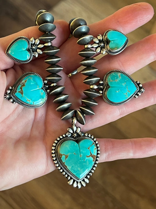 Navajo Sterling Silver and Kingman Turquoise Heart Charm Necklace and Earrings Set by Murphy Platero & Rose Martin