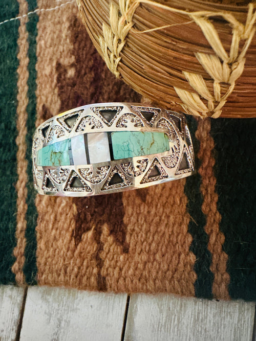 Handcrafted Old Pawn Turquoise, Mother of Pearl & Sterling Silver Inlay Cuff Bracelet /