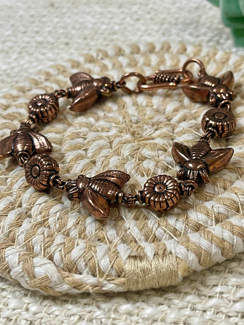 Vintage Handmade Copper Flower & Bee Link Bracelet