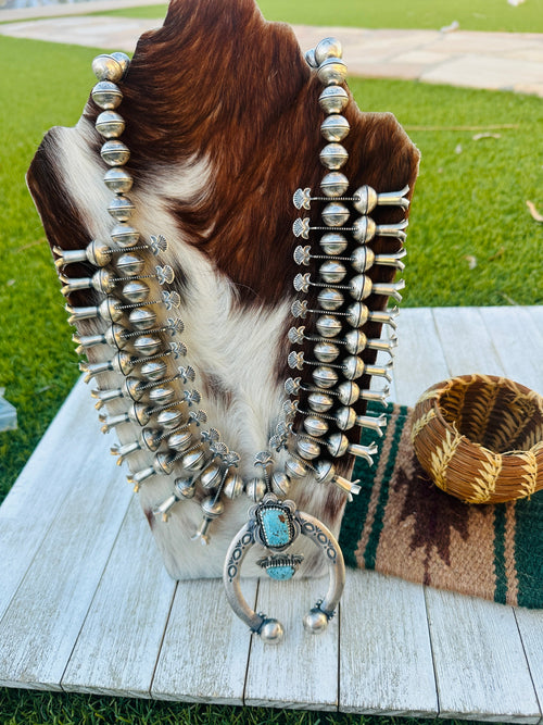 Handcrafted Vintage Old Pawn Turquoise & Sterling Silver Beaded Squash Blossom Necklace by James McCabe