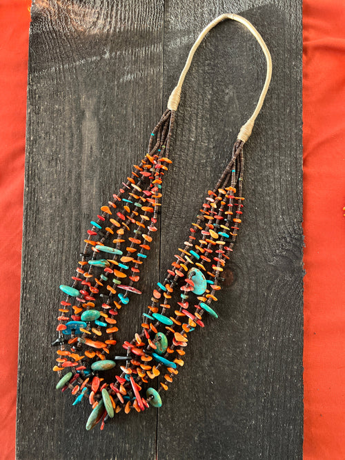 Gorgeous Handcrafted Five Strand Spiny Oyster and Turquoise Beaded Squaw Wrap Necklace with Tabs by Daniel Coriz