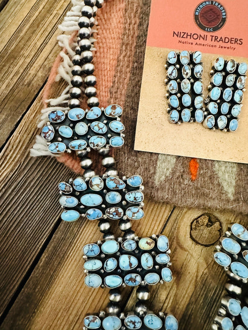 Navajo Golden Hills Turquoise & Sterling Silver Squash Blossom Necklace Set by B. Yellowhorse