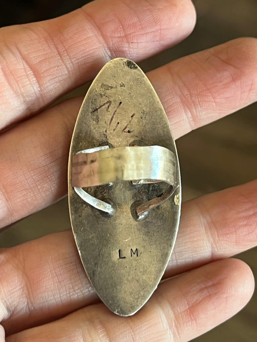 Old Pawn Sterling Silver and Turquoise Shadowbox Ring Signed LM