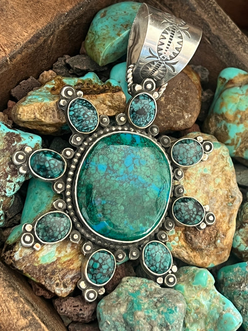 Apache Made Sterling Silver, Hubei Turquoise & Chrysocolla Cluster Pendant by Rosella Paxson