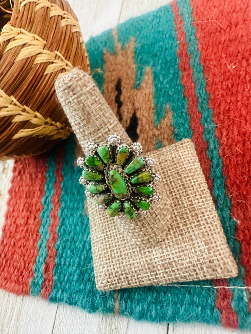 Old Pawn Navajo Sterling Silver & Green Turquoise Cluster Ring Size 9 by Leander Nez