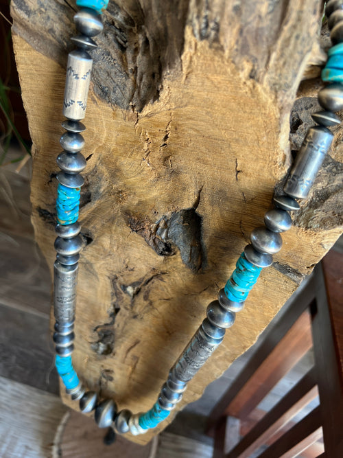 Navajo Sterling Silver and Kingman Turquoise Handmade Beaded Necklace by Rose Martin, 34 Inches
