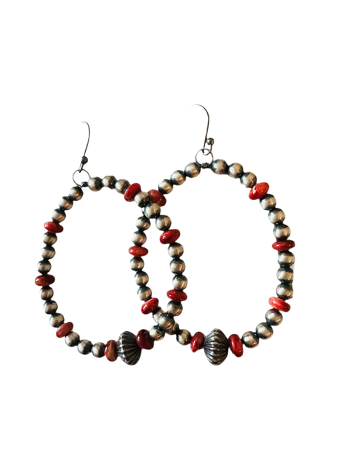 Navajo Multi Stone & Sterling Silver Pearl Beaded Hoop Earrings