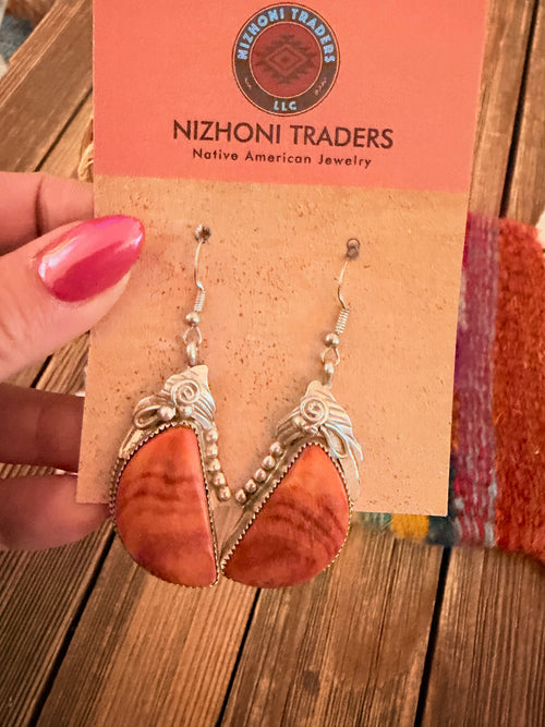 Handcrafted Old Pawn Orange Spiny Oyster & Sterling Silver Dangle Earrings