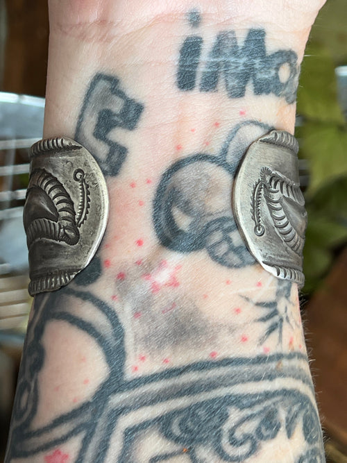 Hand Forged Old Pawn Sterling Silver & Turquoise Ingot Cuff Bracelet by Santa Fe Artist, Buffalo, The Harvest