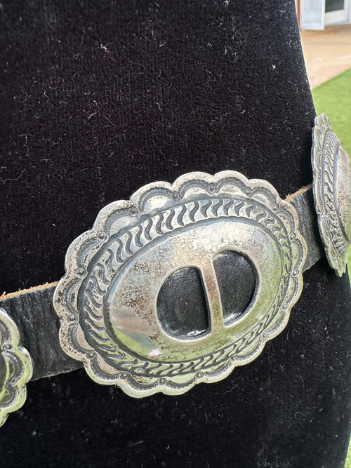 Handcrafted Vintage Old Pawn Black Leather Sterling Silver Concho Belt