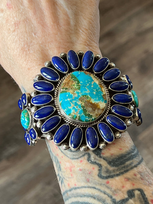 Sterling Silver, Sonoran Mountain Turquoise and Lapis Lazuli Cluster Cuff Bracelet by Tyler Brown /