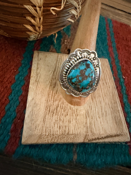 Old Pawn Handcrafted Turquoise & Sterling Silver Ring Size 8.5