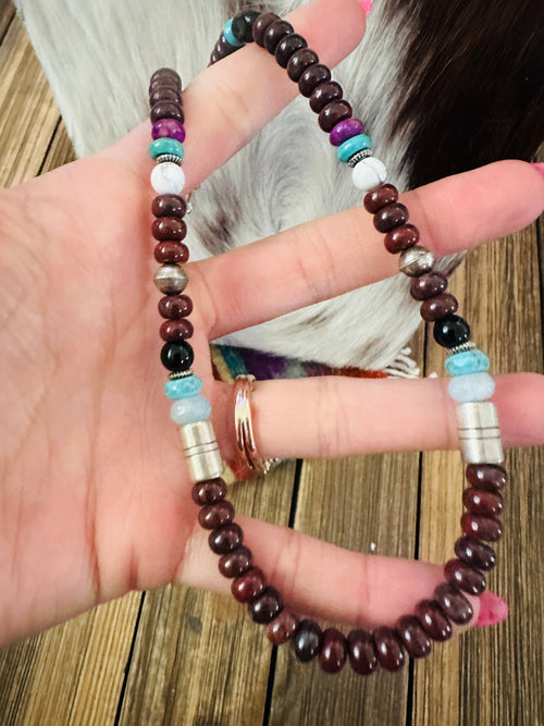 Handcrafted Multi Stone & Sterling Silver Beaded 16” Necklace by T & R Singer
