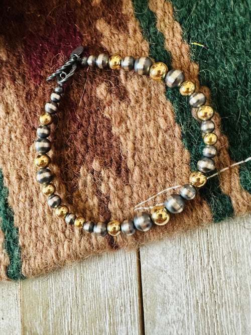 Handcrafted Gold Plated Sterling & Sterling Silver Pearl Beaded Bracelet