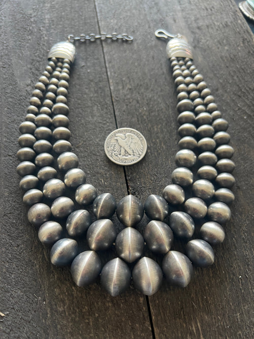 Handcrafted Sterling Silver Triple Strand Bead Statement Necklace by Rose Martin