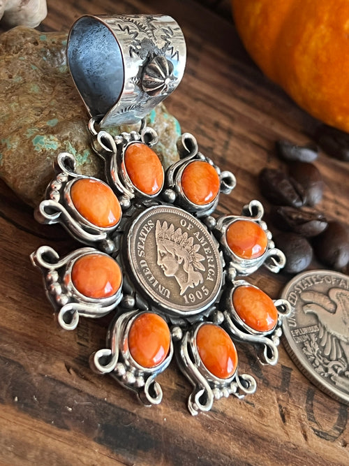 Sterling Silver, Indian Head Penny and Spiny Oyster Shell Cluster Pendant by Rosella Paxson