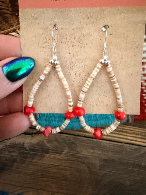 Handcrafted Heishi Shell & Coral Beaded Dangle Hoop Earrings