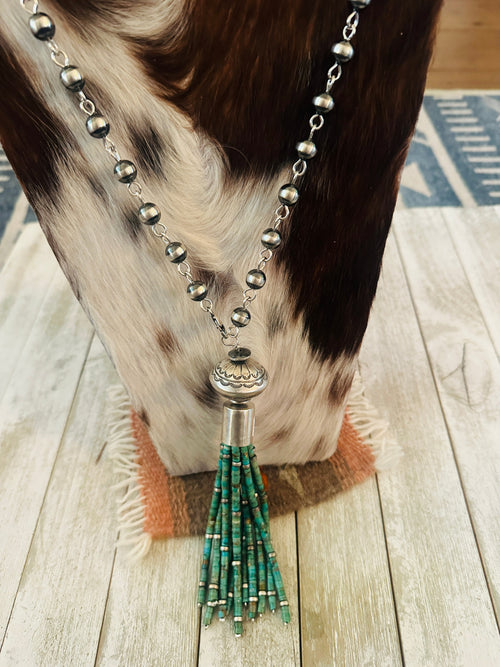 Navajo Turquoise & Sterling Silver Pearl Beaded Tassel Necklace