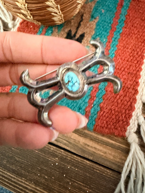 Old Pawn Handcrafted Turquoise and Sterling Silver Brooch
