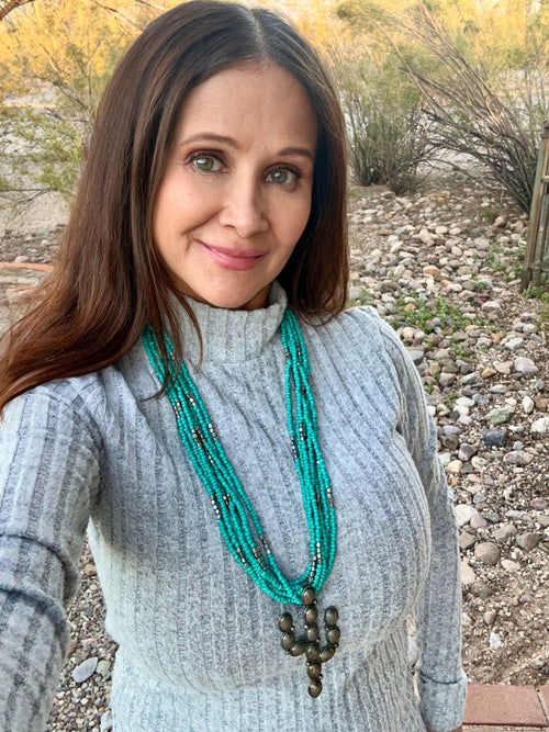 Vintage 8 Strand Blue Beaded Necklace With Saguaro Pendant
