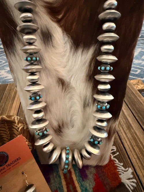 Handcrafted Turquoise & Sterling Silver Beaded Necklace and Earring Set